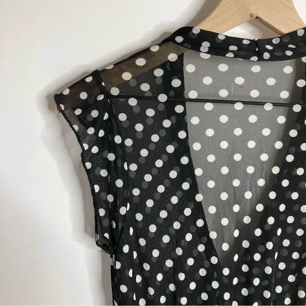 Y2K Lashes Mesh Blouse Black White Polka Dots Deep V Neck Small